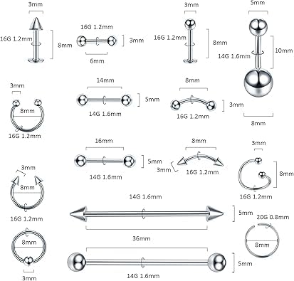 Oveta 150-151PCS Body Piercing Jewelry Lot 14G 16G 20G Stainless Steel Nose Lip Tongue Cartilage Tragus Eyebrow Industrial Barbell Belly Button Rings Piercing Kit Jewelry - style: 151pcs-Silver