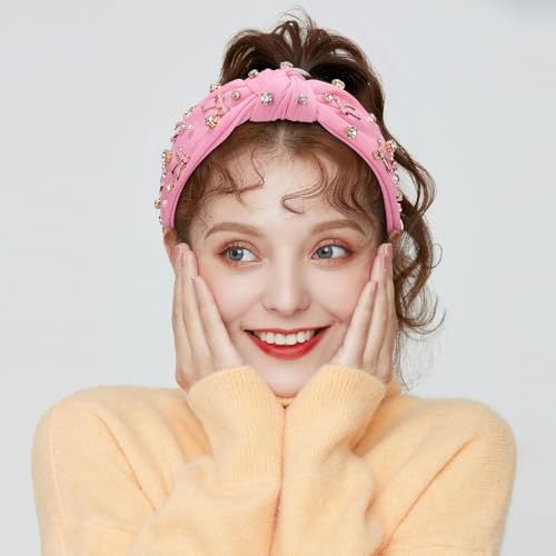 WantGor Pearl Knotted Headband, Women Rhinestone Embellished Hairband Elegant Wide Top Knot Bride Headbands Headpieces Party Fashion Elegant Ladies Hair Band Hair Hoop Accessories (Pink Bow) - color: Pink Bow