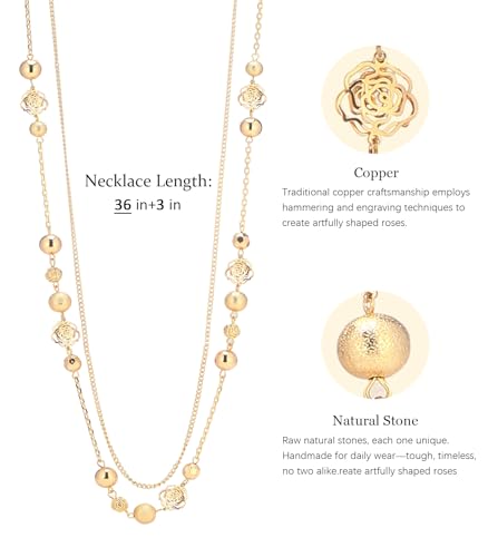 FULU AUTUMN Boho Gold Long Necklaces for Women Natural Stone Beaded Layered Long Necklace Mothers Day Gifts Dainty Flower Costume Jewelry for Women - color: Gold
