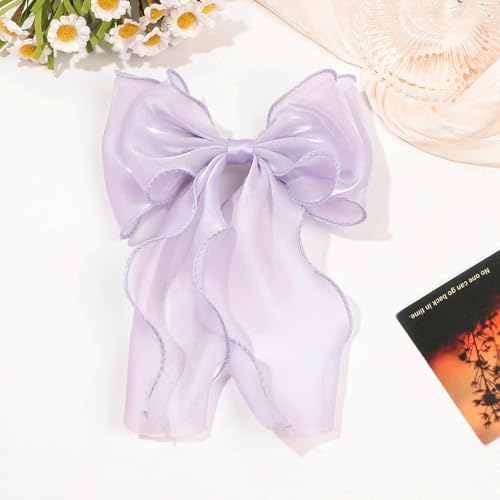 Large Hair Bow Clips for Women, White Purple Bow Hair Barrettes with Long Tail French Hair Ribbon Clips Hair Accessories for Girls (White,Purple) - color: White,Purple