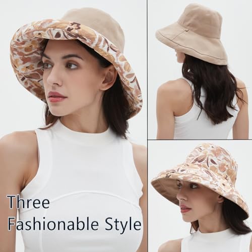 vidsel Womens Sun Hats Wide Brim Reversible Bucket Cotton Hat Packable Summer Travel Cap with Hat Clip,UV Protection - color: Khaki, size: Medium