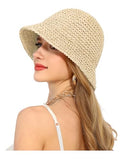 Womens Sun Hat Handmade Straw Bucket UV Protection Travel Summer Beach Cap - color: Beige