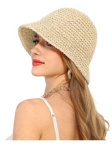 Womens Sun Hat Handmade Straw Bucket UV Protection Travel Summer Beach Cap - color: Beige