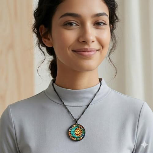 1pc Stunning Round Pendant Necklace - Unique Sun & Moon Pattern, Oil Painting Style Glass Mosaic, Alloy Construction, Trendy Sweater Chain, Fashionable Gift for Women - Christmas or Birthday Gift - color: Orange Sun/Blue Moon (Black)