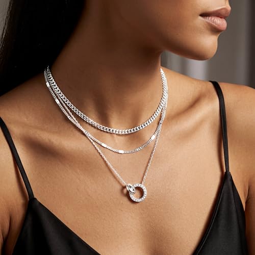 WomenGifts Layered Gold Necklaces for Women, 14K Gold Sterling Silver Plated Dainty Pendant Necklace Set Non Tarnish, Chunky Stackable Cuban Chain Choker, Trendy Birthstone Vacation Jewelry Gift - color: Silver, style: Double Circle