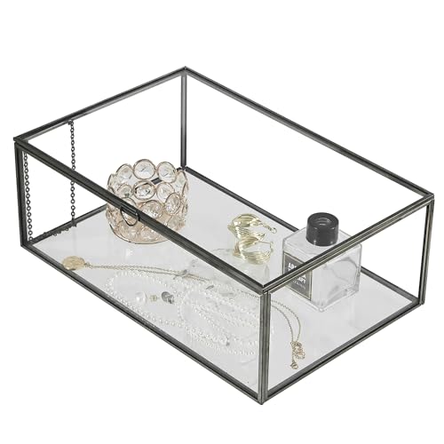 HighFree Vintage Glass Box with Lid - Clear Jewelry Glass Display Box Keepsake Box - Home Decor Decorative Box for Trinket Rings Bracelet (Black, Large) - color: Black, size: Large