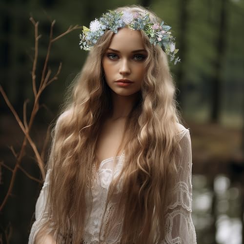 Vivivalue Boho Flower Headband Women Flower Crown Hair Wreath Floral Headpiece Halo with Ribbon Wedding Party White - color: 33