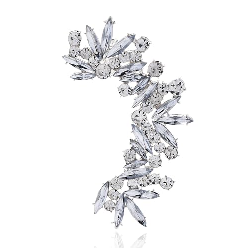 Rhinestone Silver Full Ear Cuff Earrings for Women Ear Clip Wrap Statement Climber Crawler Earrings for Women Hypoallergenic Silver Wedding Jewelry Gifts - color: Leaf Silver