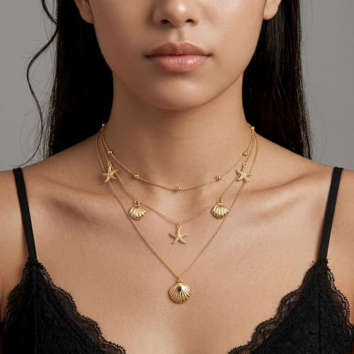 WomenGifts Layered Gold Necklaces for Women, 14K Gold Sterling Silver Plated Dainty Pendant Necklace Set Non Tarnish, Chunky Stackable Cuban Chain Choker, Trendy Birthstone Vacation Jewelry Gift - color: Gold, style: Starfish