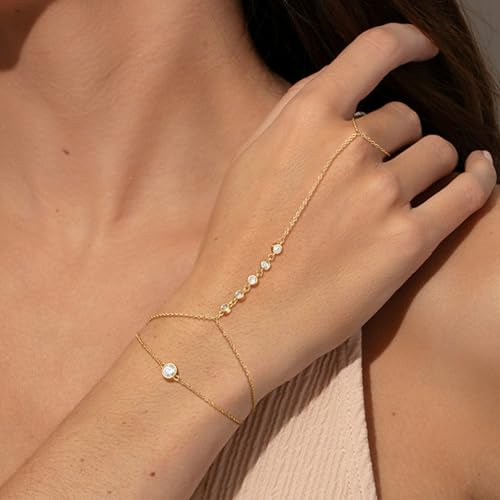 Risamil 14K Gold Plated Hand Chain Bracelets for Women Trendy, Dainty 2PCS Ring Bracelet Hand Chain Finger Bracelets Layered Stackable Link Bracelets for Women Jewelry Gifts for Women - color: 2Pcs-CZ-Gold