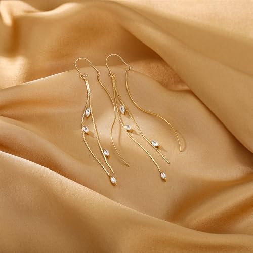 NECOCY Gold Dangle Earrings for Women Non Tarnish 14K Gold Plated Drop Wedding Hypallergenic Earring Dainty Long Hanging Chain CZ Pearl Threader Earrings Trendy Silver Plated Jewelry for Women - style: Gold&Style2