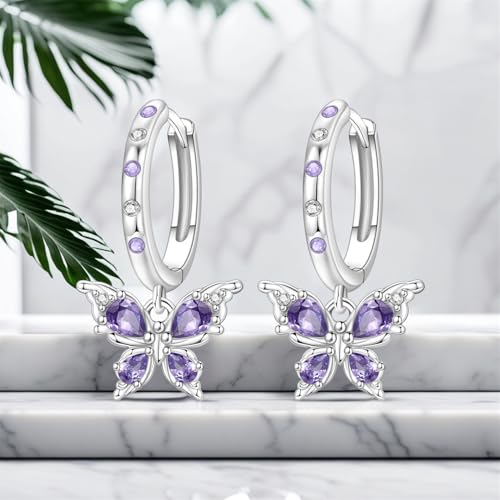 925 Sterling Silver Dangle Earrings for Women, Butterfly&Bee Animals Design, Hypoallergenic Jewelry gifts - color: Purple stone inlaid butterfly earrings