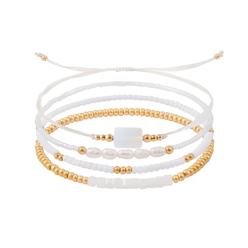 Dainty Gold Plated Pearl Crystal Beaded Bracelets Set for Women 14K Gold Plated Bead Pearl Beads Bracelet Stackable Paperclip Link Chain Bracelets Gold Plated Bracelets for Women Trendy Jewelry - color: Style10