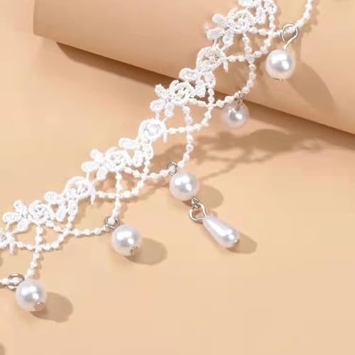 Boho Flower Pearl Lace Choker Necklace Waterdrop Pendant Necklace Choker Vintage Teardrop Clavicle Necklace Dainty Neck Chain for Bridemaids Wedding - color: white