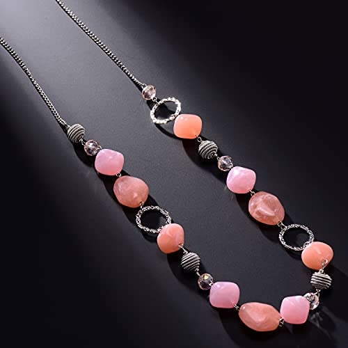BULINLIN Beaded Long Necklace for Women Silver Sweater Chain Necklace with Crystal Resin Beads, Fashion Jewelry Necklace - color: 53-Dark light pink