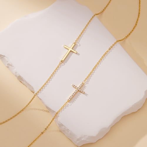 Poxtex Cross Necklace for Women Teen Girls, Dainty 14K Gold Silver Plated Cross Choker Jewelry Non Tarnish Waterproof Cute Simple Small Necklace Christian Baptism Religious Faith Jewelry Gifts - color: 05 Sideways Cross - Gold