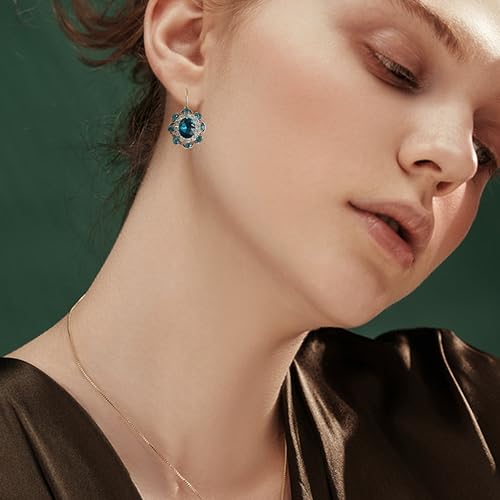 Handmade Bohemian Vintage Gold Sparkly Crystal Round Flower Leverback Earrings Cute Rhinestone Geometry Dangle Drop Earring for Women - color: Blue