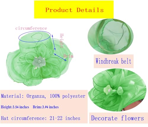 ORIDOOR Women’s Organza Church Tea Party Wedding Fascinator Derby Hat Wide Brim Sun Hats - color: C8-green