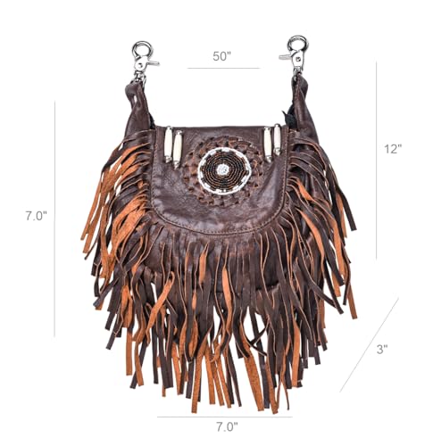 Women’s Genuine Leather Crossbody Belt Bag with Fur Fringe, Braided Bead Handcrafted Design, Clip-On Hip Fanny Pack with Jeans Loop, (J2400LB, Brown) - color: J2400LB-Brown