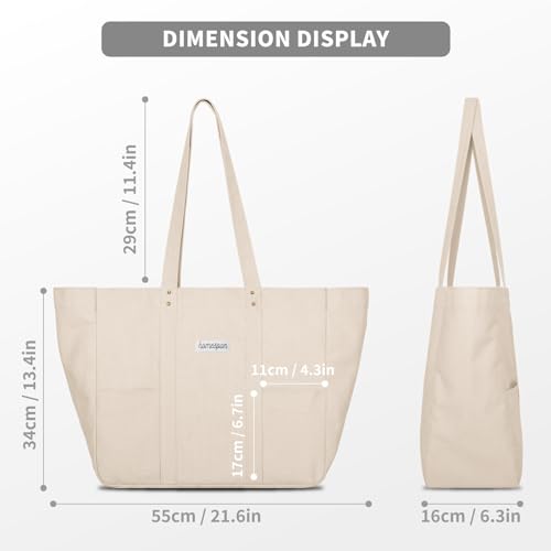 HOMESPON Large Canvas Tote Bag for Women Everything Bag with Pockets and Laptop Sleeve - color: Beige
