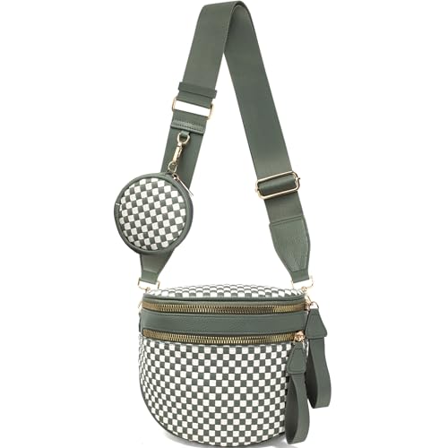 Valentoria Large Woven Leather Crossbody Bags for Women Checkered Bum Bag Sling Bag Purse Adjustable Strap Detachable Wallet | Woven - color: Green&white Checkered