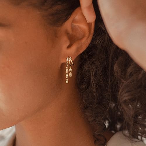 Dangle Earrings For Women, Dainty Gold Drop Statement Earrings 14K Gold Plated Long Huggie Earrings for Women Trendy Hypoallergenic Dangly Earrings Small Triple Hoops Earrings Fashion Jewelry - color: gold-square