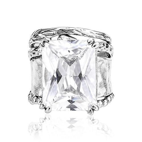 JEAN RACHEL JEWELRY 925 Sterling Silver Ring - Hammered Vintage Design with Octagon Shaped Cubic Zirconia - Hypoallergenic, Lead & Nickel Free - Artisan Handcrafted Statement Rings for Women - color: White CZ