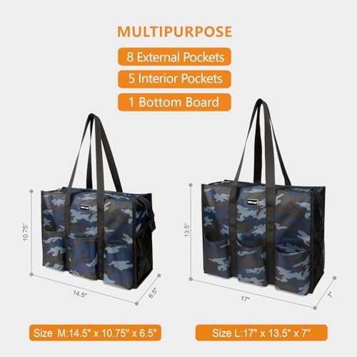 TOPDesign Utility Water Resistant Tote Bag with 13 Pockets, Top Zipper Closure & Thick Bottom Support, for Working Women - color: Blue Camouflage, size: Large