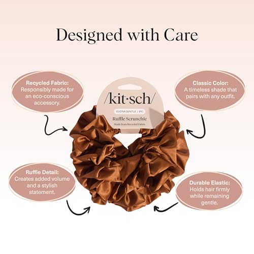 Kitsch Recycled Satin Ruffle Scrunchie – Gentle Hair Scrunchie for Women, Eco-Friendly Hair Tie No Damage, Stylish Ponytail Holder | Ideal Gifts for Women - Camel - color: Camel
