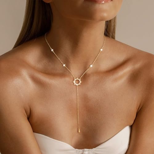 CHESKY Long Necklaces for Women, 14k Gold Plated/Streling Silver Lariat Necklace Dainty Statement Prom Necklace Rosary Cross Sun Drop Pendant Dangle Necklace Gold Prom Jewelry for Women Gifts - style: y necklace 06