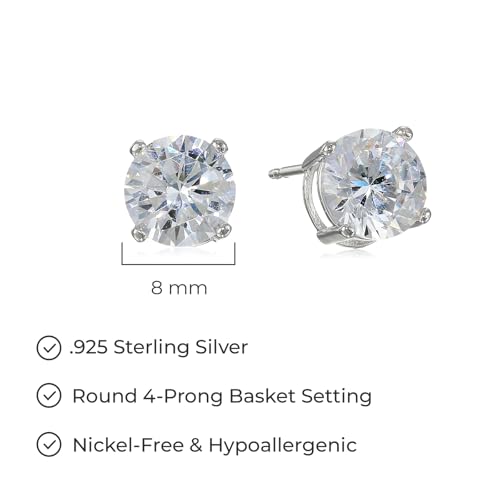 Amazon Essentials Plated Sterling Silver Cubic Zirconia Stud Earrings (Round & Princess) - color: White/Platinum, size: 8 mm, style: Round Cut