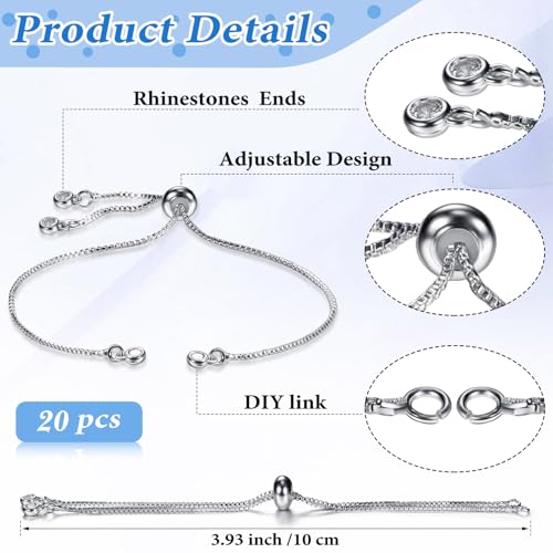 Sureio 10 Pieces Adjustable Slider Bracelet for Jewelry Making Bracelet Chains for DIY Jewelry Making Findings Extender Chains with Rhinestones Ends for Women (Silver) - color: Silver