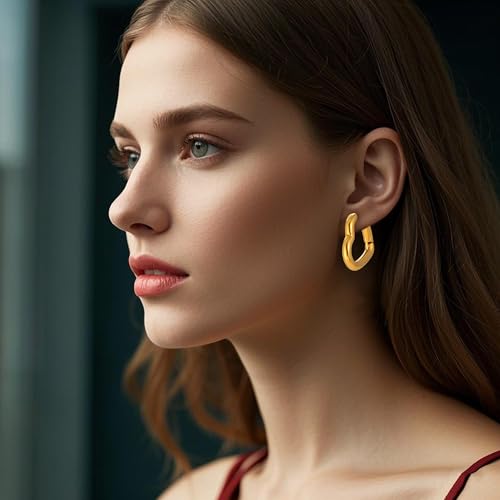 Stainless Steel Hoop Earrings for Women Gold Tone Geometric, Huggie Heart Twisted Minimalist Engraved Designs for Daily Wear - color: Gold+ Heart02