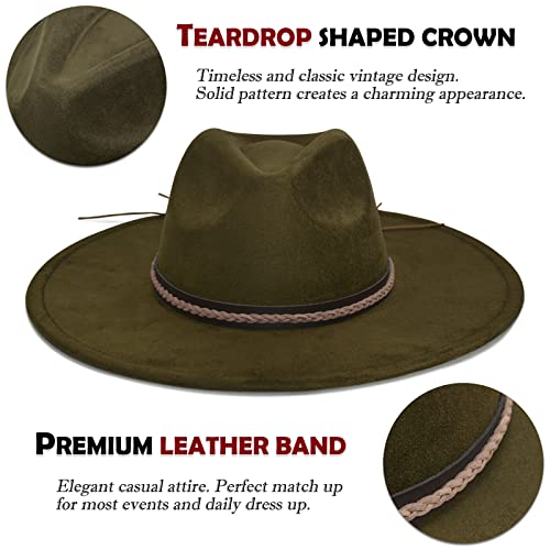 FLUFFY SENSE. Big Wide Brim Fedora Hat for Women - Nashville Outfits Western Hats Women's Felt Panama Rancher Hat - color: Olive Green
