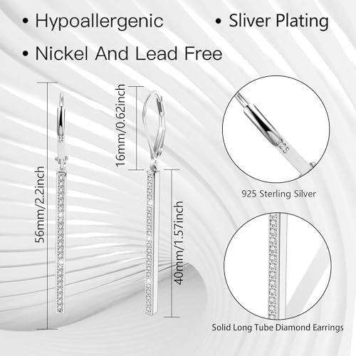 Silver Bar Dangle Drop Earrings for Women, 14K Gold French Style Leverback Dangle Drop Earrings, Hypoallergenic Jewelry - color: CZ Silver