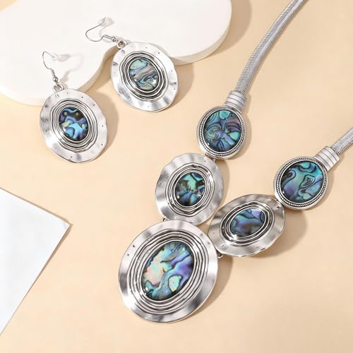 4 PCS Western Turquoise Jewelry for Women Boho Vintage Navajo Pearl Necklace Earring Bracelet Ring Set Country Cowgirl Accessories for Gift - color: Q-Blue（No Bracelet No Ring）