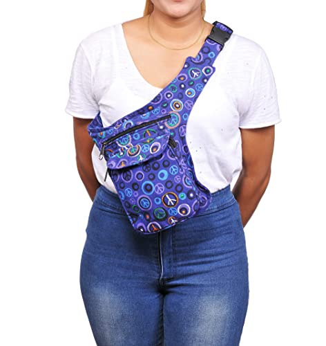 The Collection Royal Fanny Pack Crossbody Bags for Women| Cotton Canvas Boho Hippie Festival Colorful Belt Bag for Women (Purple Peace R) - color: Purple Peace R
