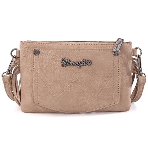 Wrangler Crossbody Small Purse for Women Wristlet Fringe Bag Western Purse - color: Angel Khaki