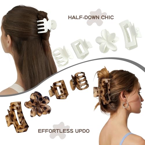 8 Pcs Mixed Style Hair Claw Clips Set, Strong Hold Non-Slip Clips for Women & Girls, Rectangle & Flower Design Hair Clips for Thick/Thin Hair, Daily & Styling Accessories (Neutral & Pastel Tones) - color: Neutral