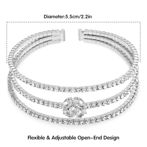 Women's Multi-Layer Rhinestone Cuff Bracelet Sparkling Crystal Tennis Bangle for Bridal Wedding Party - color: 1266 Silver