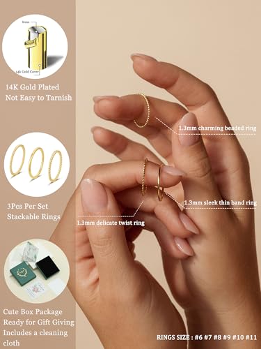 Gold Silver Rings for Women Non Tarnish Stackable 1.3mm Thin Gold Ring 14K Gold Plated Dainty Ring Set Trendy Thumb Pinky Ring Wedding Bands Promise Engagement Gold Jewelry Gifts Size 6-11 - color: gold rings