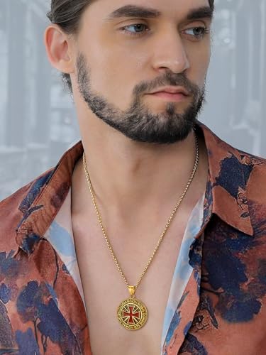 FaithHeart Knights Templar Necklace for Men, Christian Necklace for Men Stainless Steel Pendant Neckalces Christian Gifts with Gift Box - color: 04. Medal-Gold(Custom)