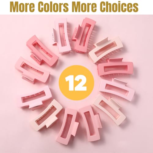 12 Pcs Pink Large Square Hair Claw Clips for Women, 4.3-Inch Matte Rectangle Claw, Strong Hold Non-slip Hair Clips for Thick & Thin Hair - color: Pink