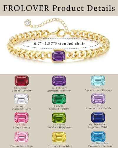 Birthstone Gold Bracelets for Women Non Tarnish Trendy 14k Gold Plated Bracelet Dainty Charm Emerald Bracelets Stack Cuban Link Friendship Bracelets Jewelry Gifts for Birthday/Valentine's Day - color: 02. February(Amethyst)
