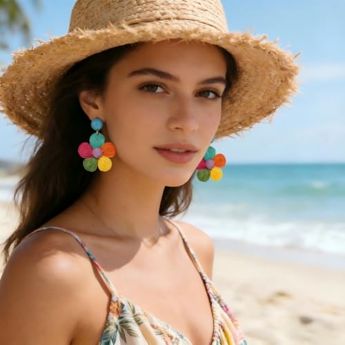 Rattan Earrings for Women Statement Boho Raffia Straw Wrapped Flower Drop Dangle Earrings Summer Tropical Beach Jewelry - color: Colorful