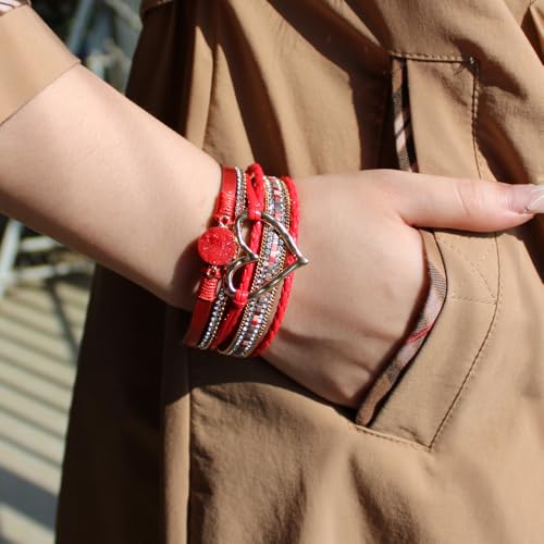 Womens Multi Layer Heart Leather Wrap Bracelet Boho Stackable Cuff Bangle Magnetic Clasp Crystal Birthday Valentine Gift - color: Red