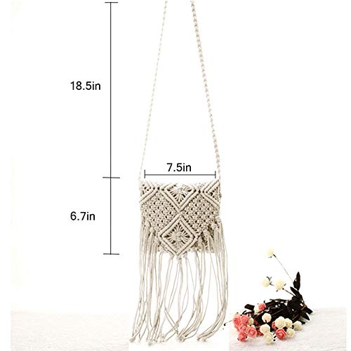 Goclothod Women Crochet Fringed Shoulder Bag Cotton Tassel Crossbody Bag Hippie Beach Purse - color: White