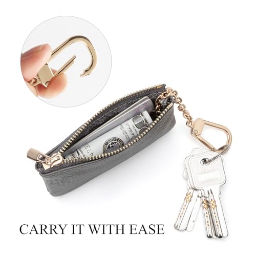 Full Grain Leather Coin Purse with Key Chain - Small Change Purse Keychain Card Holder Keychain Pouch Small Keychain Wallet for Women and Men (Gray) - color: Gray, Regular Size