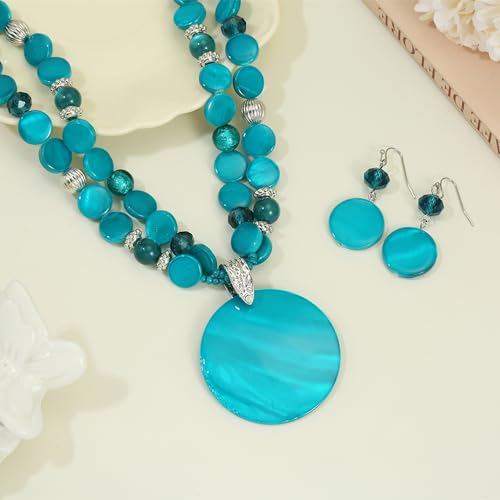 Layered Beads Statement Fashion Necklace Chunky Jewelry Set Big Colorful Glass Stone Circle Shell Pendant Choker Necklace and Earring Set for Women - color: teal green