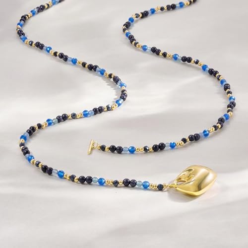 KissYan Long Necklaces for Women, 14K Gold Plated Beaded Gemstone Turquoise Boho Layered Choker, Natural Stone Handmade Sweater Fashion Jewelry Gifts - style: Blue